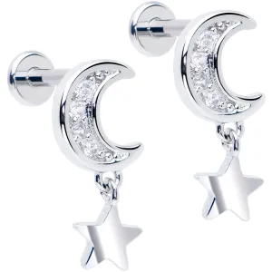 Titanium Flat Back Earring Set - CZ Crescent Moon Star Dangle 16 Gauge