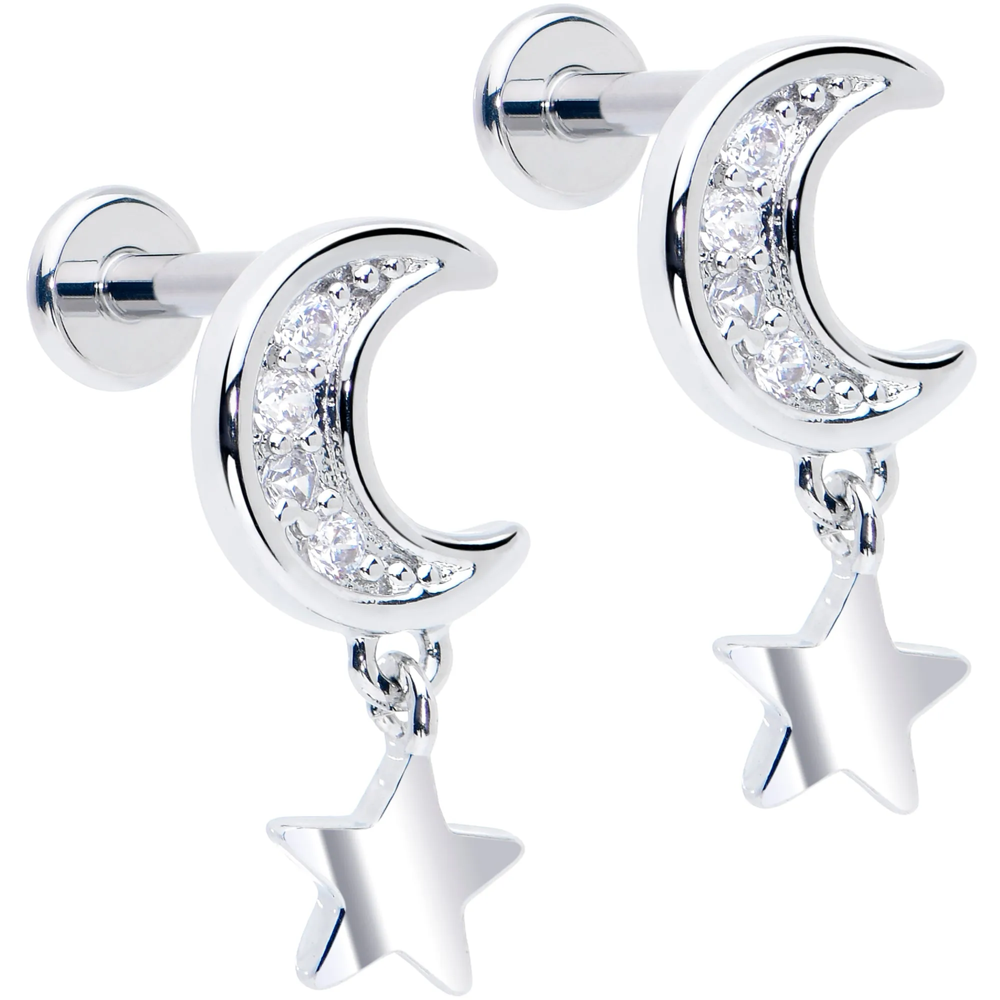 Titanium Flat Back Earring Set - CZ Crescent Moon Star Dangle 16 Gauge
