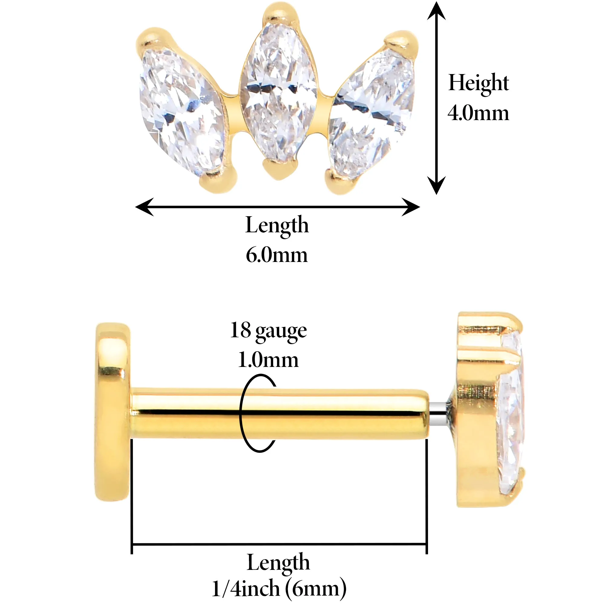 Titanium Flat Back Earring Trio Gem- 18 Gauge Threadless Reversible Heart
