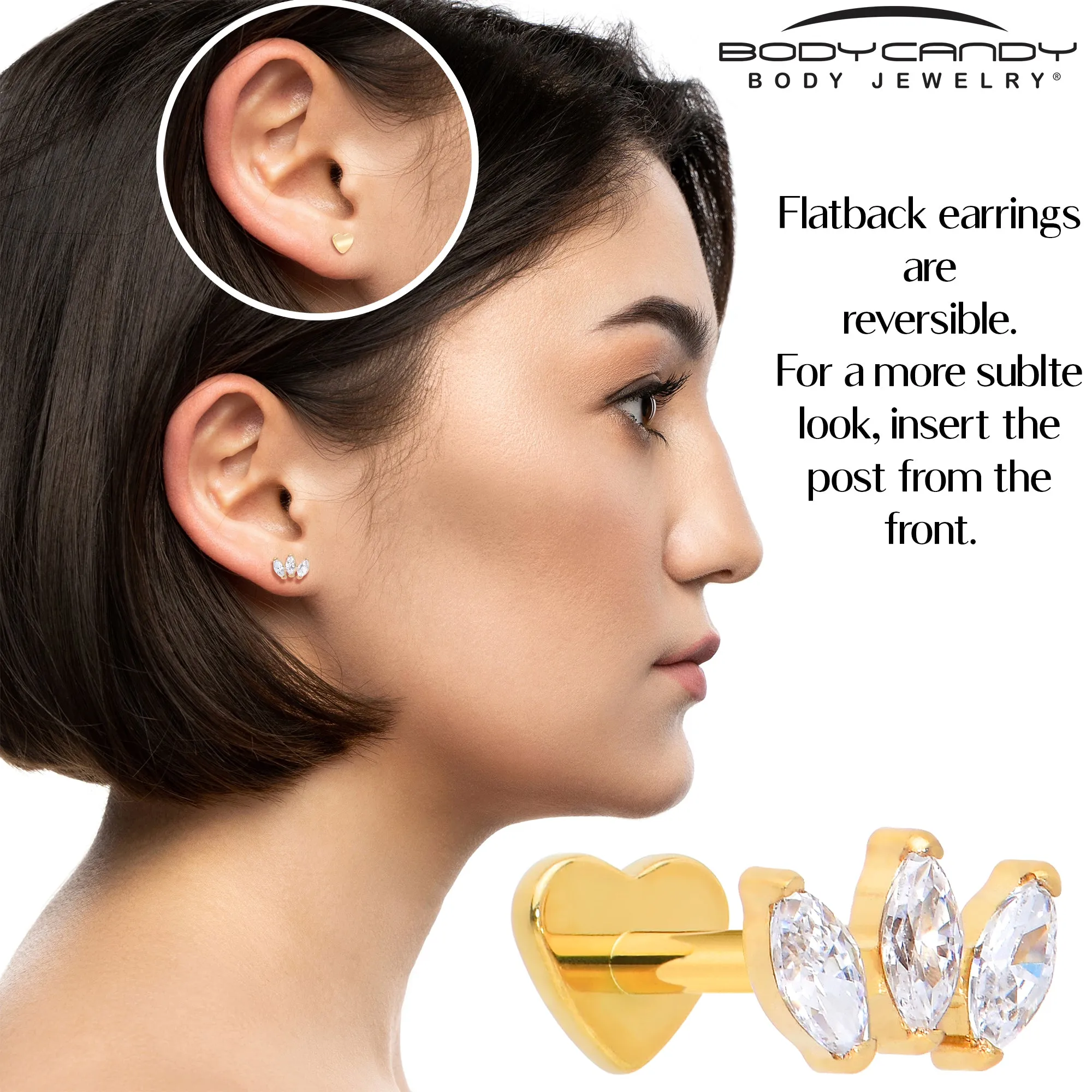 Titanium Flat Back Earring Trio Gem- 18 Gauge Threadless Reversible Heart