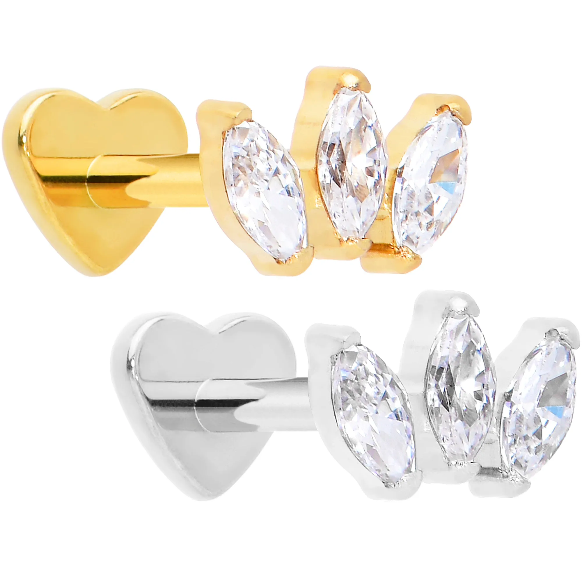 Titanium Flat Back Earring Trio Gem- 18 Gauge Threadless Reversible Heart