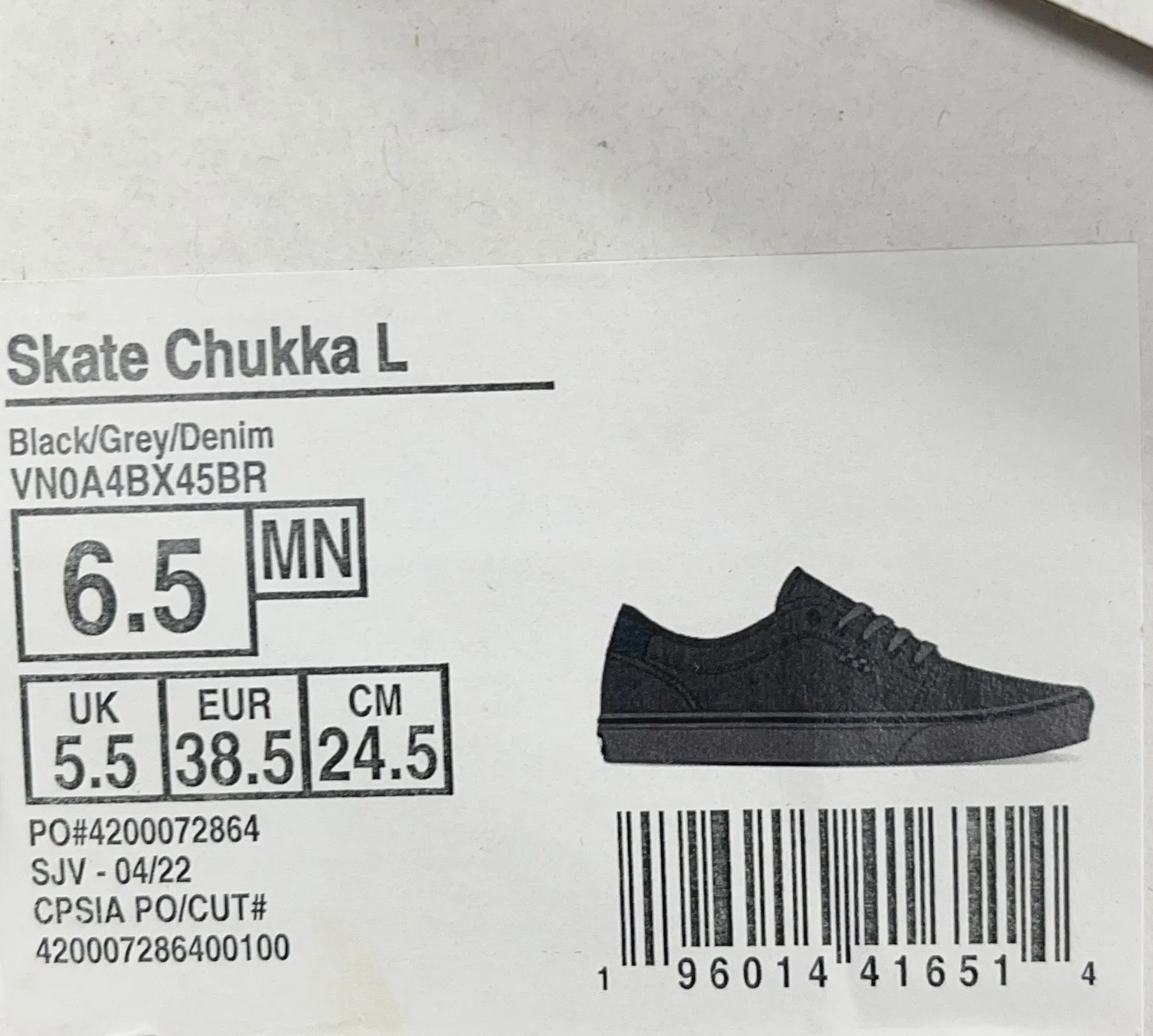 Vans Skate Chukka Low Black Gray Denim Classic Sneakers Men's Size 6.5 NIB