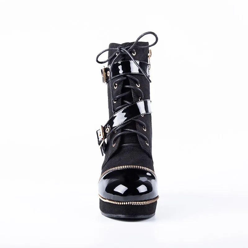 Women Ankle Boots Buckle Strap Black Motorcycle Boots Lace-up PU Leather Female Platform High Heels Boots