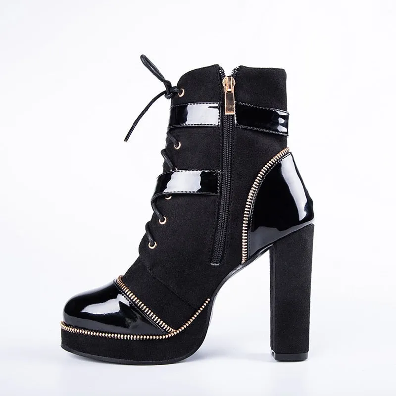 Women Ankle Boots Buckle Strap Black Motorcycle Boots Lace-up PU Leather Female Platform High Heels Boots