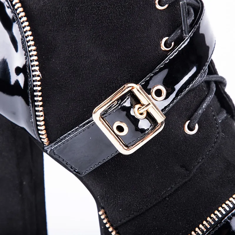 Women Ankle Boots Buckle Strap Black Motorcycle Boots Lace-up PU Leather Female Platform High Heels Boots