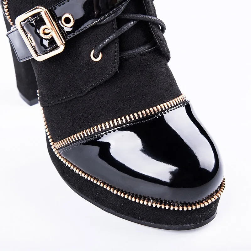 Women Ankle Boots Buckle Strap Black Motorcycle Boots Lace-up PU Leather Female Platform High Heels Boots