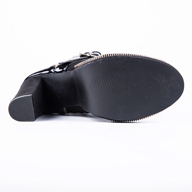 Women Ankle Boots Buckle Strap Black Motorcycle Boots Lace-up PU Leather Female Platform High Heels Boots