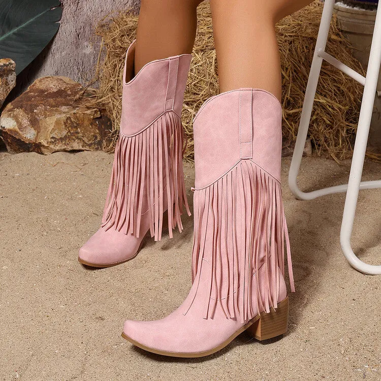 Women's Tassel Block Heel Mid Calf Western Boots