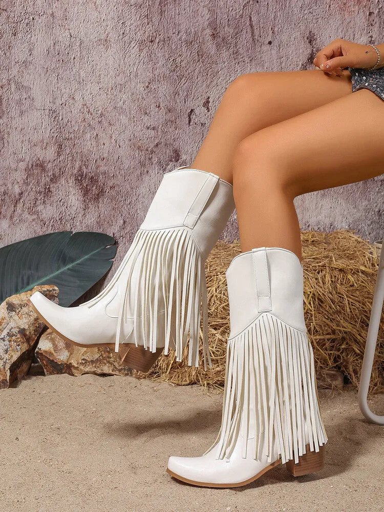 Women's Tassel Block Heel Mid Calf Western Boots