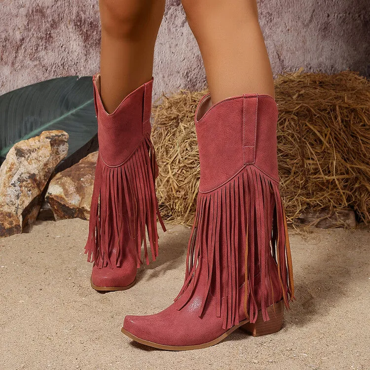 Women's Tassel Block Heel Mid Calf Western Boots