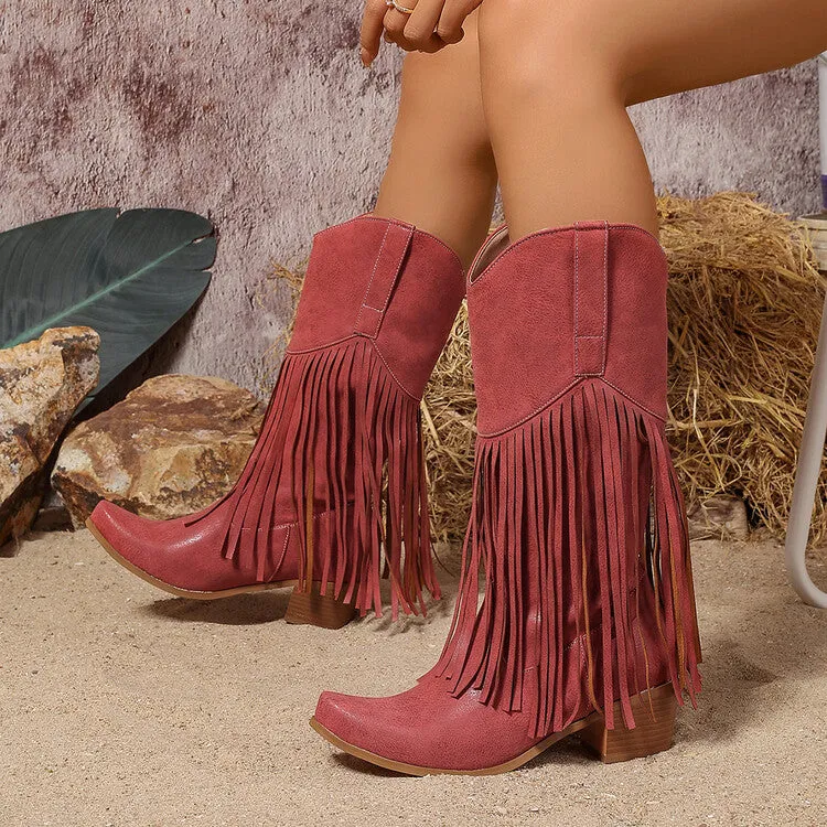 Women's Tassel Block Heel Mid Calf Western Boots