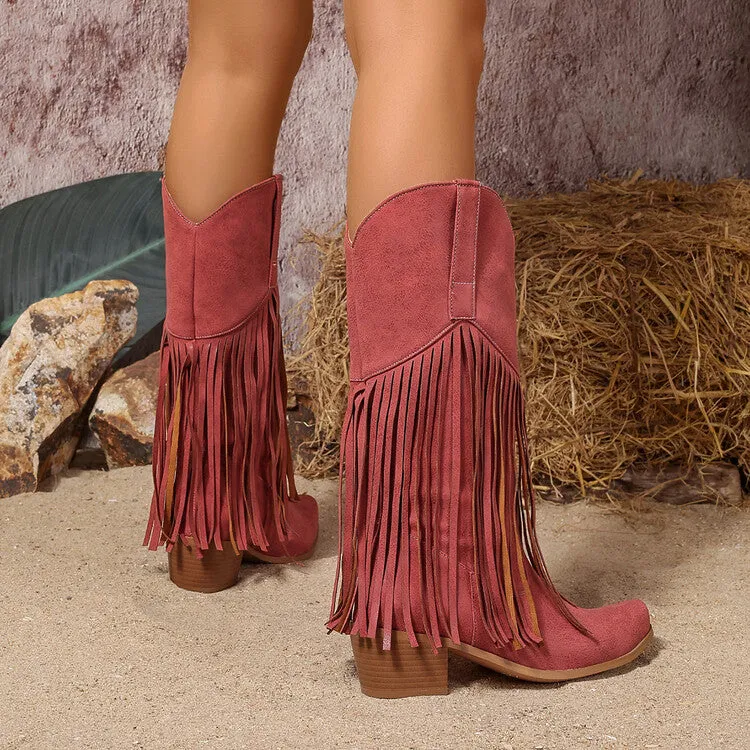 Women's Tassel Block Heel Mid Calf Western Boots
