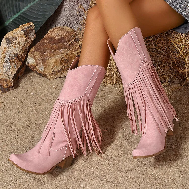 Women's Tassel Block Heel Mid Calf Western Boots
