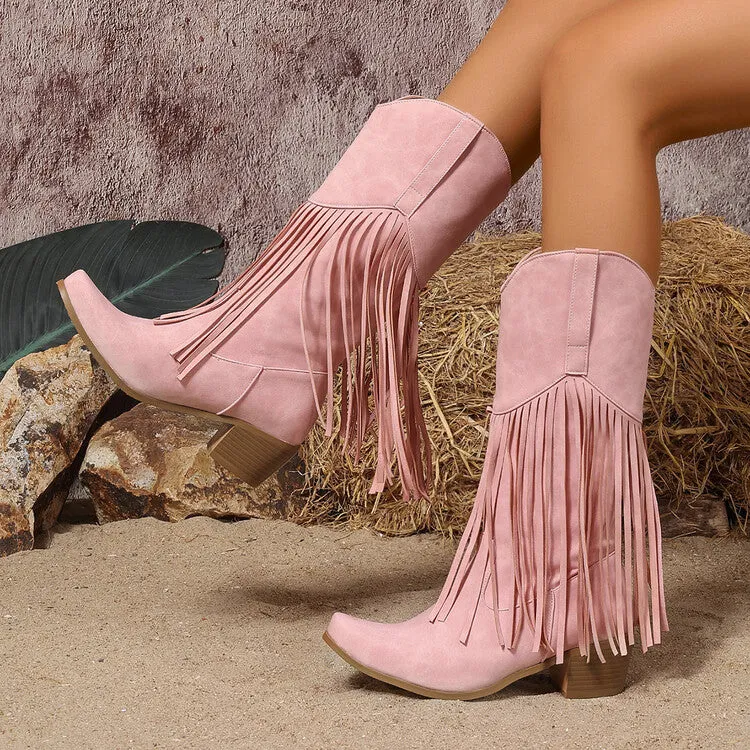Women's Tassel Block Heel Mid Calf Western Boots