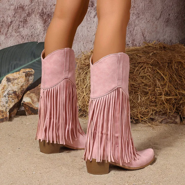 Women's Tassel Block Heel Mid Calf Western Boots