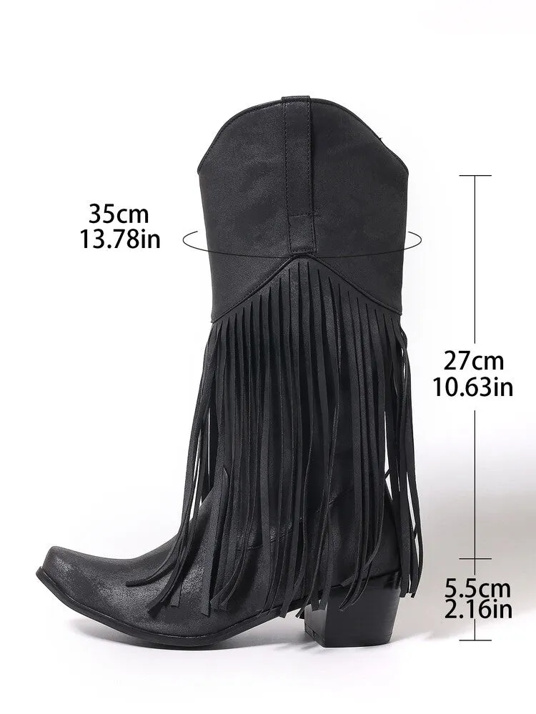 Women's Tassel Block Heel Mid Calf Western Boots