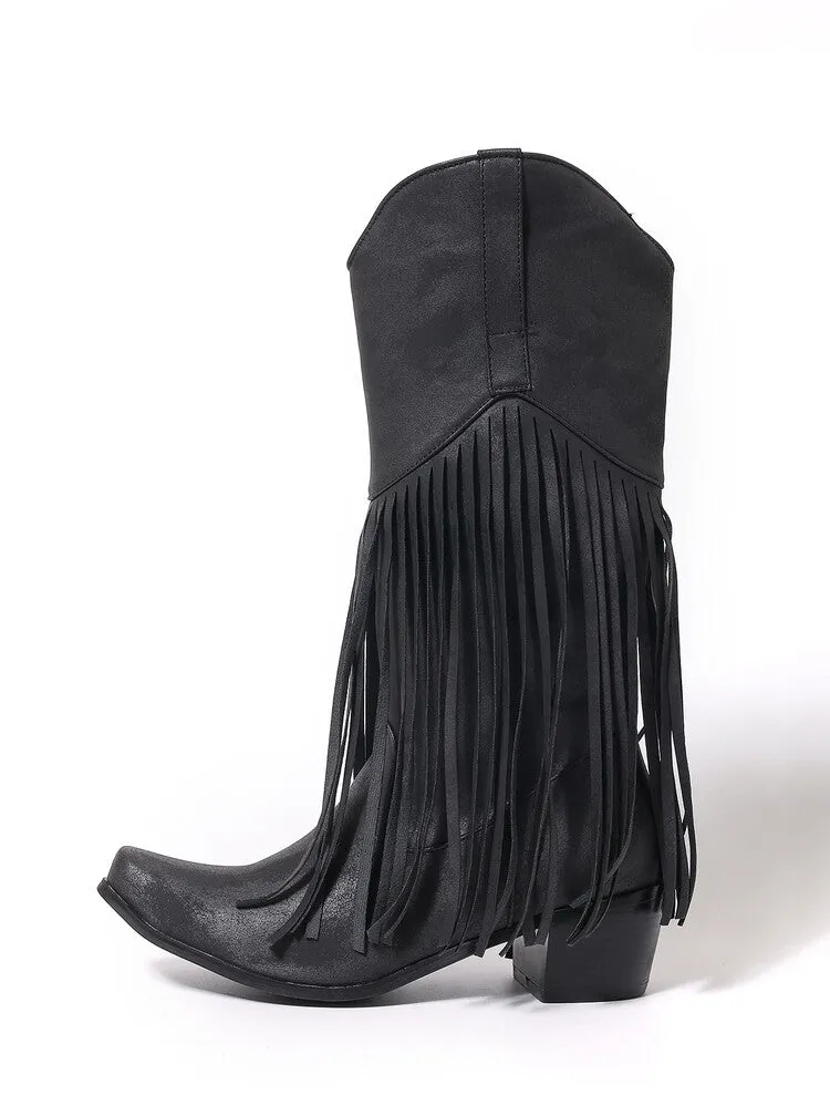 Women's Tassel Block Heel Mid Calf Western Boots